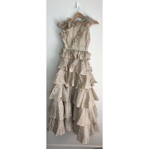 Rare Ulla Johnson Organza Brocade Ruffled Gown Ivory Gold Metallic Tiered Dress